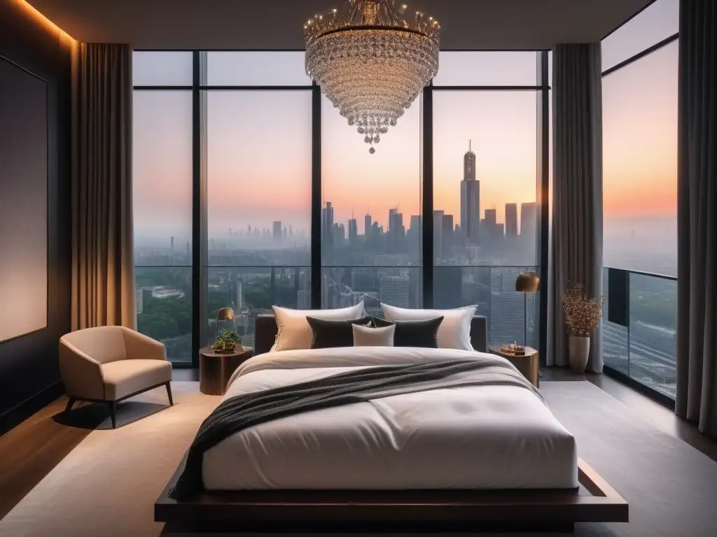 Diseño moderno y lujoso: cama king size, chandelier y vista urbana nocturna Mobiliario de diseño de lujo en elegante dormitorio moderno con cama king size y skyline nocturno
