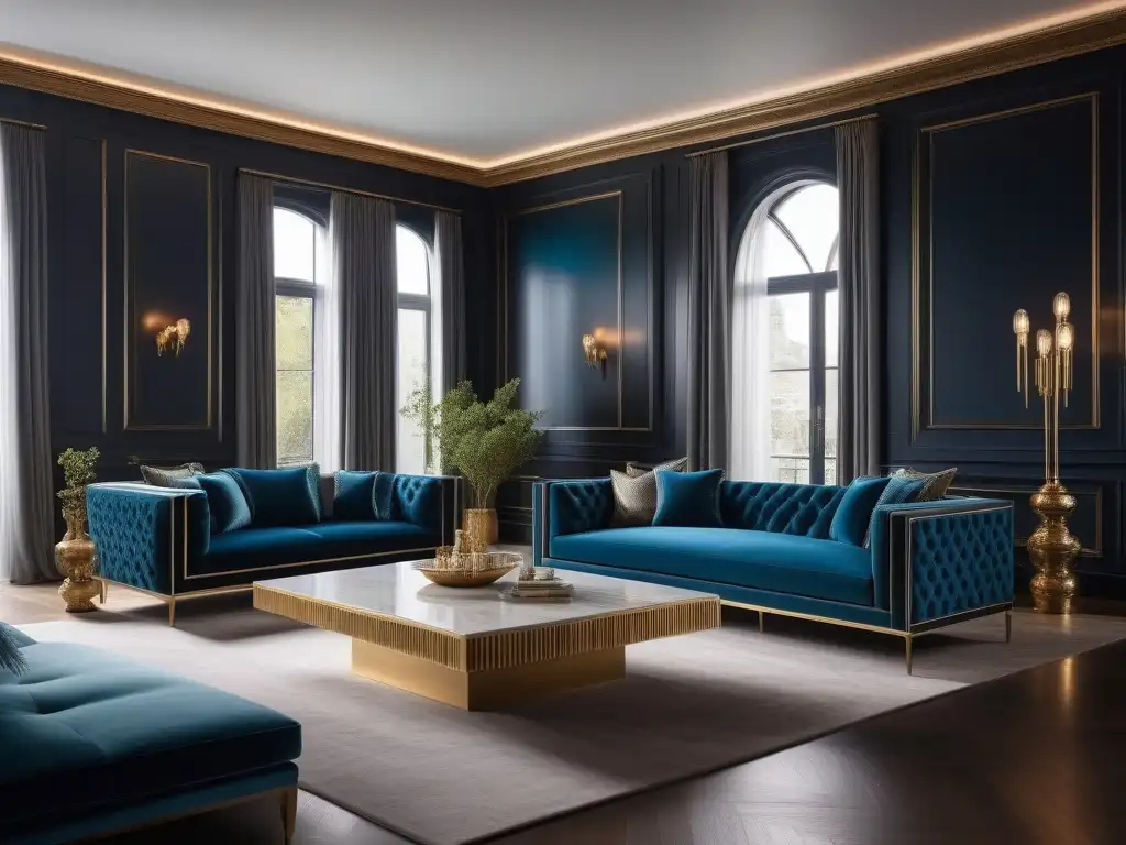 Sofá de diseñador en terciopelo y detalles dorados en sala de lujo Personaliza mobiliario lujo estilo único: Sofá de diseñador en terciopelo y detalles dorados, con cojines de tonos joya, en elegante sala moderna