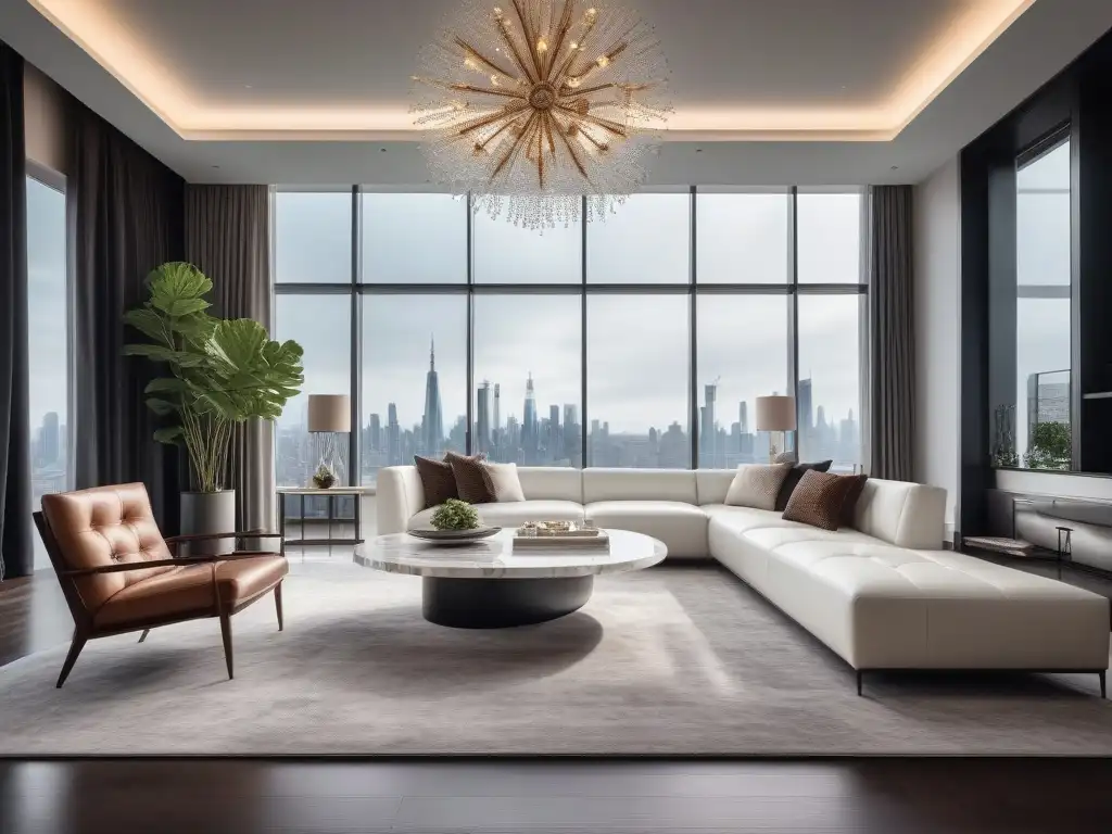Sofisticado salón moderno con sofá de cuero blanco y vista a la ciudad Personaliza mobiliario lujo estilo único: Sala de estar moderna y lujosa con sofá de cuero blanco, mesa de mármol y vista urbana al atardecer