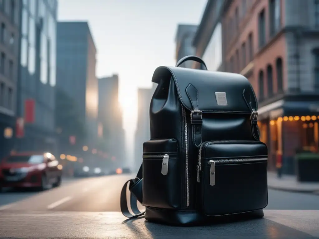 Mochila de cuero negro de lujo con diseño elegante y funcional Mochila de cuero negro de lujo con detalles plateados, resaltando la elegancia en la ciudad
