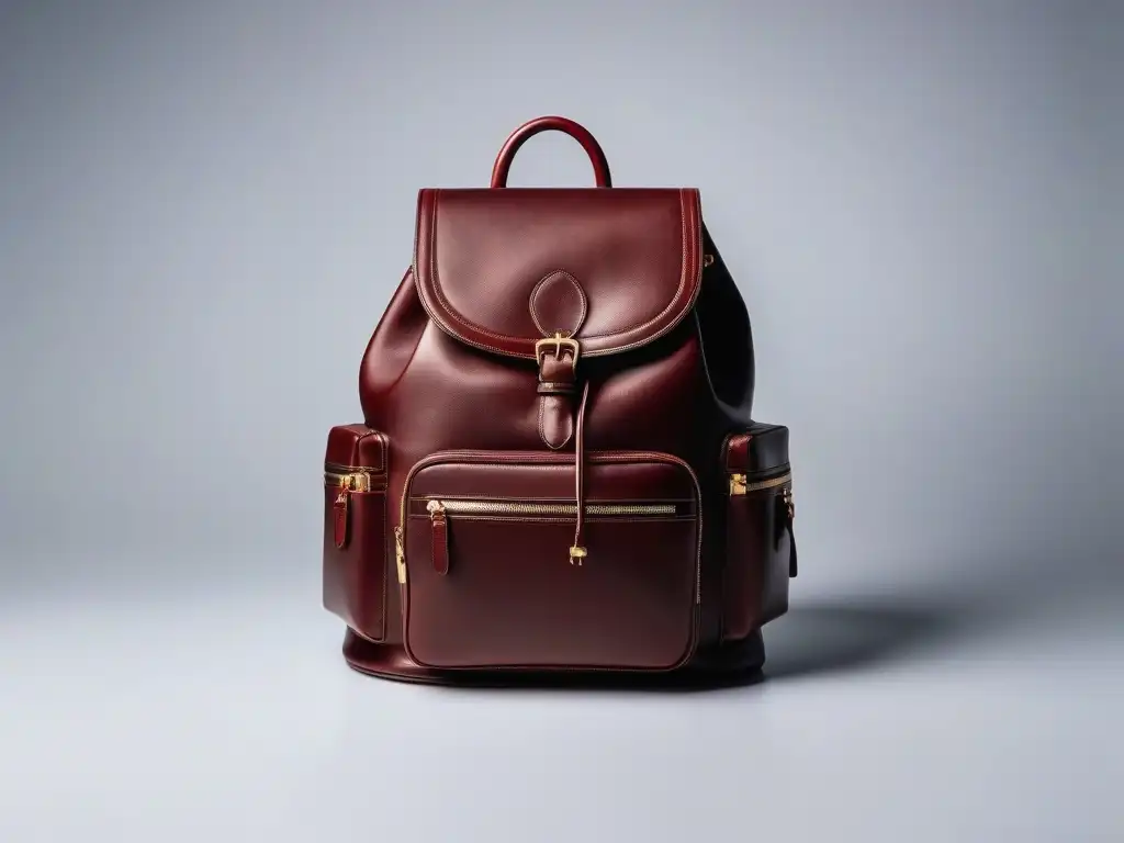 Mochila de cuero en color caoba con detalles dorados Una mochila de lujo en cuero color caoba, con detalles dorados y múltiples compartimentos