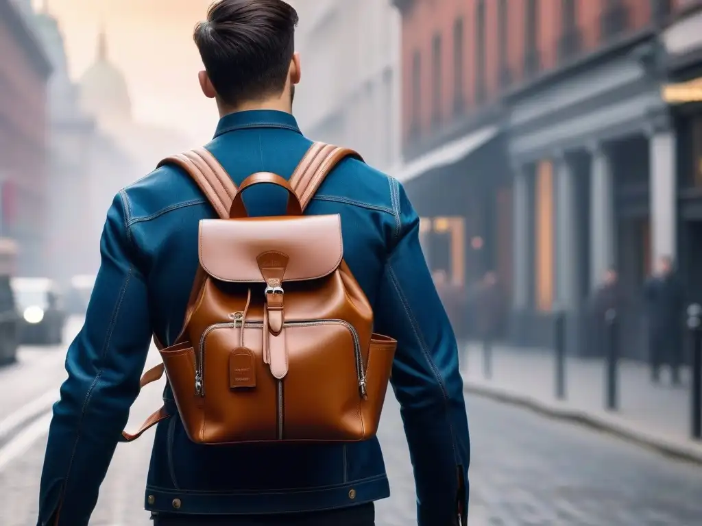 Morral de lujo de cuero premium en la ciudad Una mochila de lujo para todos, con diseño elegante y funcional, destacando en la bulliciosa ciudad