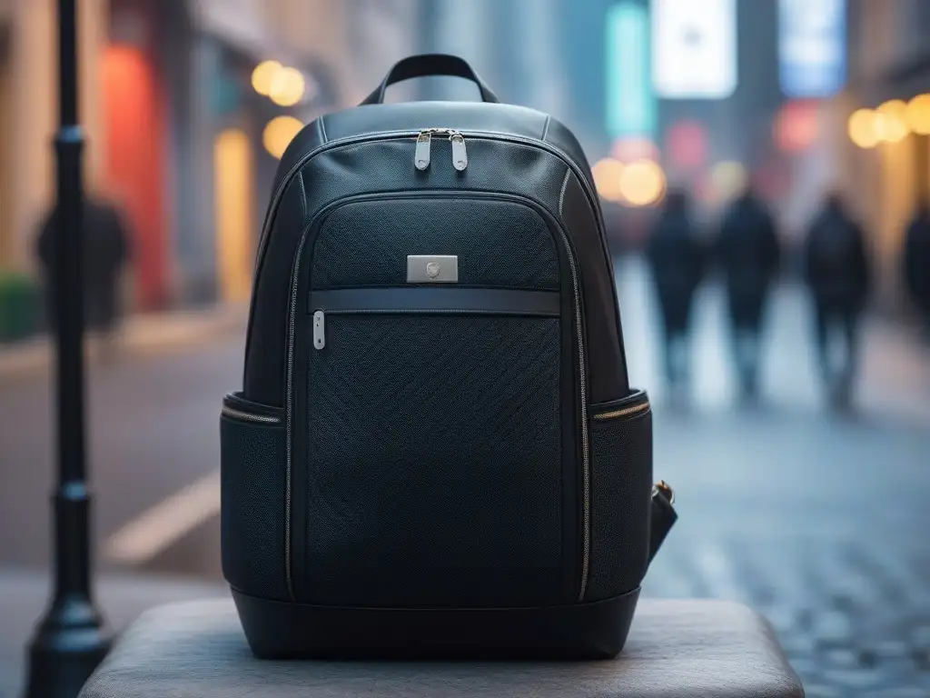 Mochila de lujo moderna en la ciudad Una mochila de lujo moderna en la bulliciosa ciudad, perfecta para profesionales en movimiento