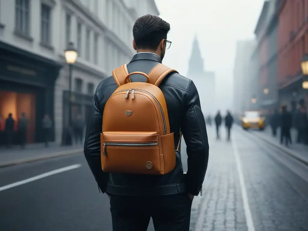 Mochila de lujo: diseño elegante en la ciudad Mochila de lujo moderna en ciudad vibrante, diseño elegante y funcional