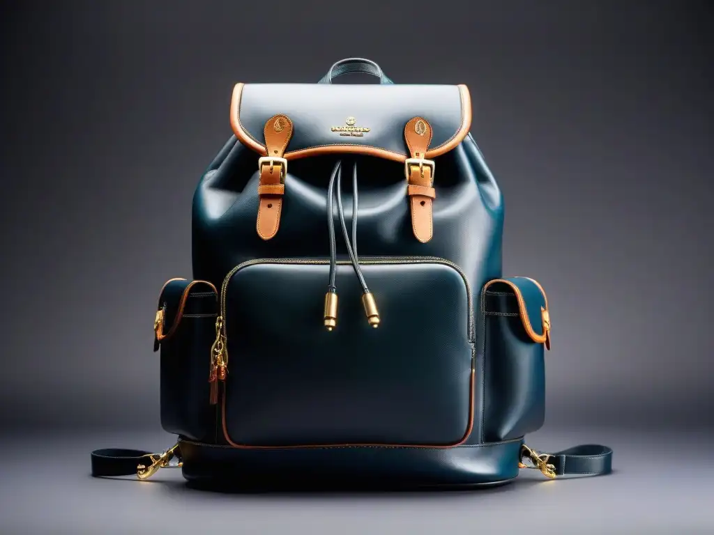 Mochila de lujo de cuero premium: elegante y funcional Una mochila de lujo moderna y elegante de cuero premium con múltiples compartimentos y herrajes dorados, perfecta para el profesional activo
