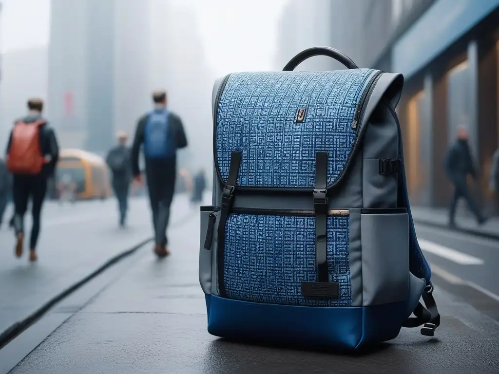 Mochila urbana con USB y diseño geométrico, ideal para viajeros modernos Mochila moderna con USB y compartimentos, en tonos grises y azules, en ciudad bulliciosa