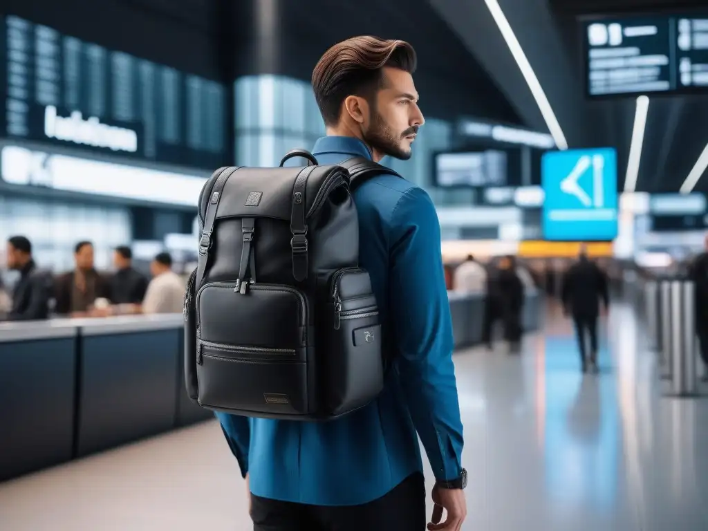 Moderno backpack de viaje en aeropuerto Una mochila de viaje moderna y elegante en un aeropuerto con viajeros de fondo