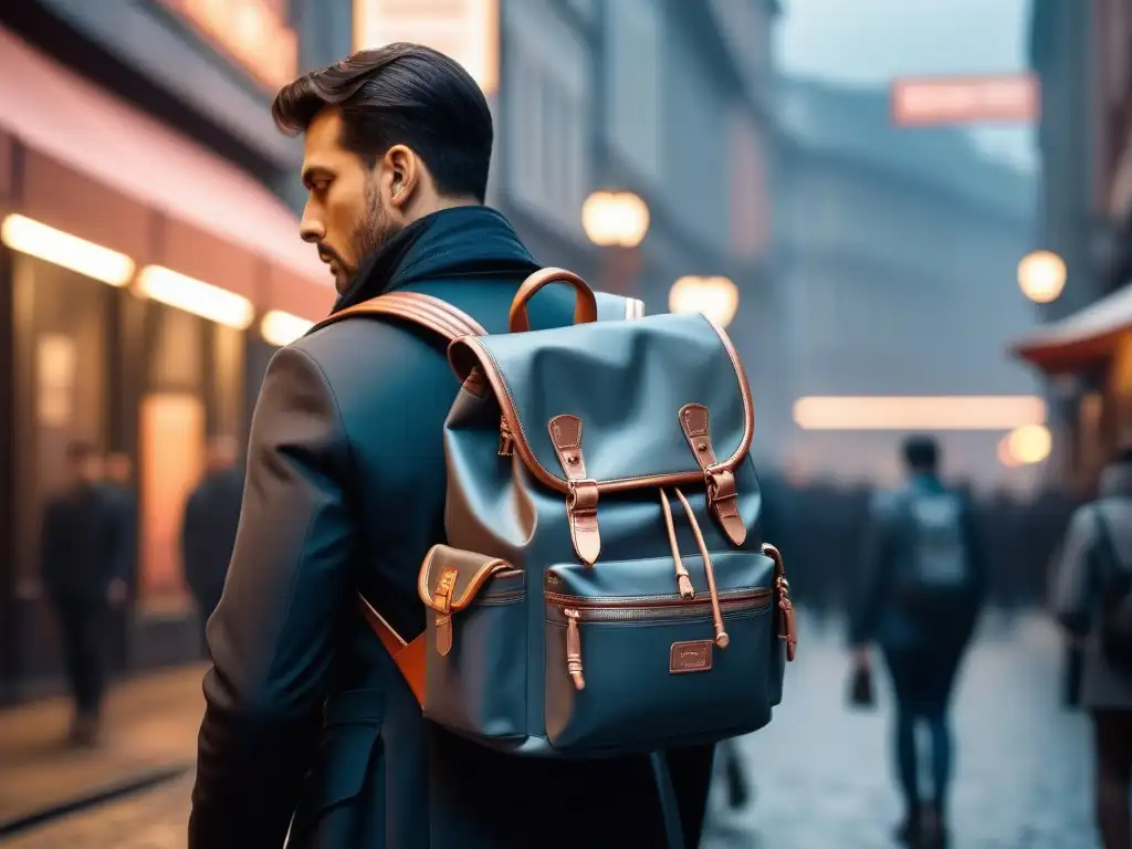 Mochila de viaje moderna en gris carbón con estilo urbano Mochila de viaje moderna en gris carbón, con múltiples compartimentos y detalles en oro rosa