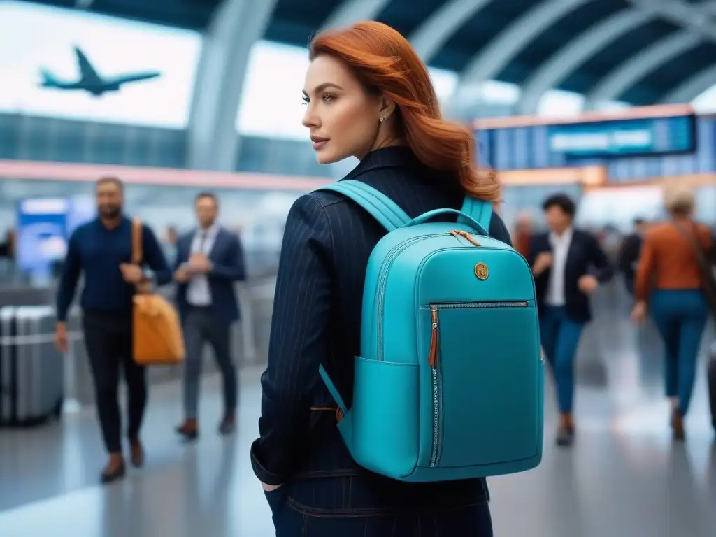 Moderna mochila de viaje para mujeres en aeropuerto vibrante Una mochila de viaje moderna para mujeres, elegante y funcional, en un aeropuerto bullicioso