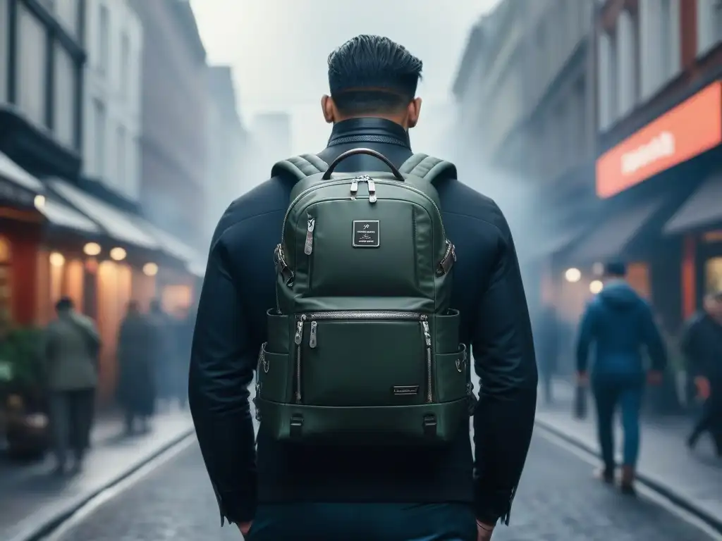 Mochila sostenible con USB y estilo urbano en 8k Mochila de viaje moderna y sostenible, con USB y detalles metálicos, en una ciudad inclusiva