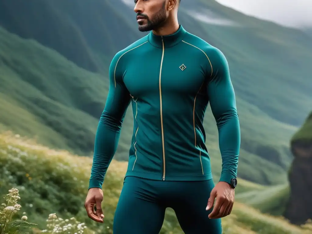 Activewear sostenible: innovación y funcionalidad en la naturaleza Moda activa sostenible: prenda futurista de materiales ecológicos, usada por atletas en entorno natural vibrante