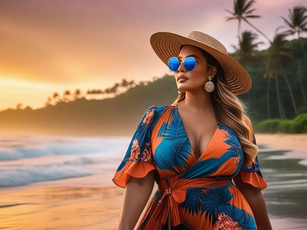 Modelo plus size deslumbrante en Bali al atardecer Moda y belleza para tallas plus: Modelo plus size en vestido maxi en la playa de Bali al atardecer