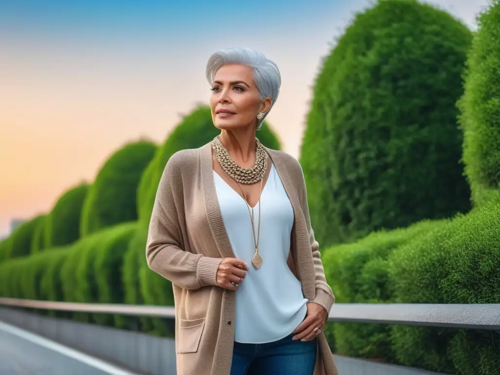 Elegancia senior en la ciudad Moda casual cómoda para seniors: Una elegante mujer mayor con cabello plateado viste cardigan beige y jeans oscuros, luciendo confianza en la ciudad