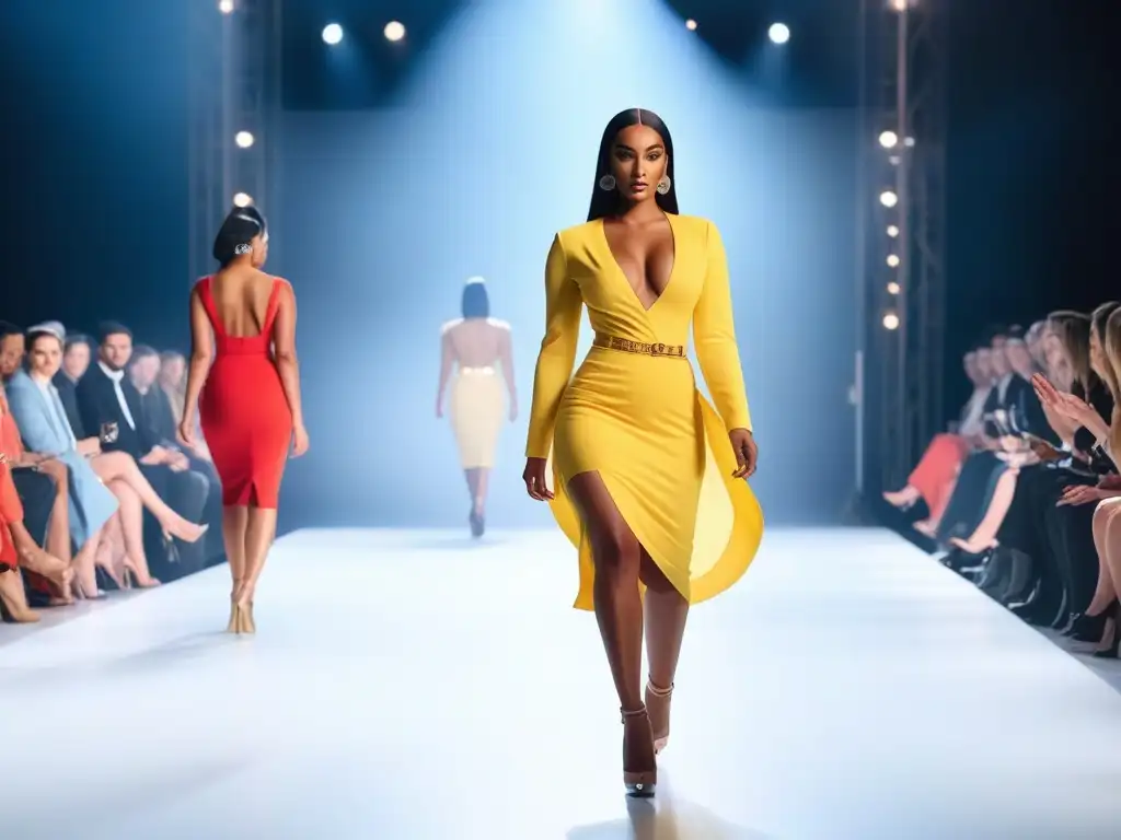 Desfile de moda inclusivo: diversidad de cuerpos y estilos Producción de moda con cuerpos diversos desfilando con confianza en una pasarela, celebrando la inclusión y la diversidad