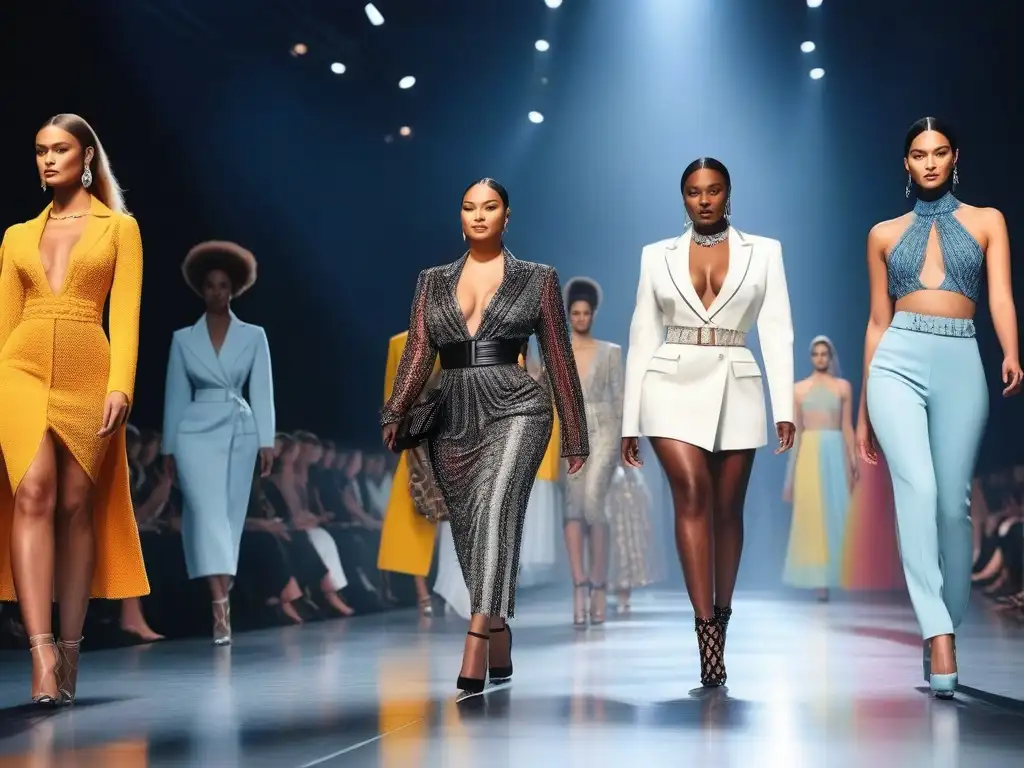Desfile inclusivo: moda diversa en pasarela futurista Producción de moda con cuerpos diversos desfilando en una pasarela futurista, destacando la inclusividad y progreso en la industria