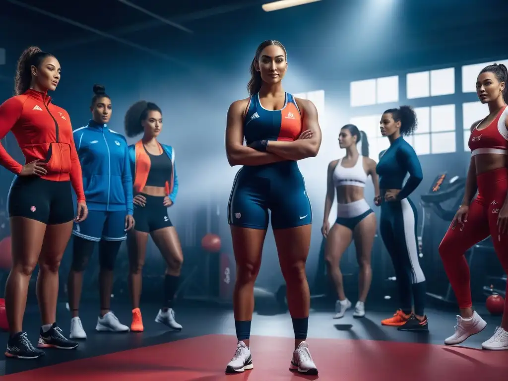 Diversidad y empowerment: moda deportiva inclusiva y positiva Moda deportiva promueve positividad corporal: Grupo diverso sonriente en gym trendy con mensajes empower