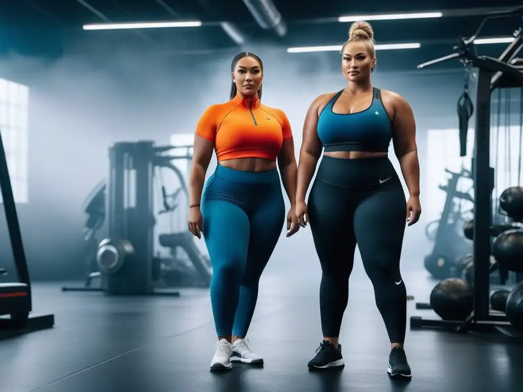 Deportistas plussize en gym moderno: fuerza, diversidad y estilo Moda deportiva tallas grandes inclusiva: Grupo de atletas plus size posando con confianza en un gimnasio moderno, transmitiendo fuerza y alegría