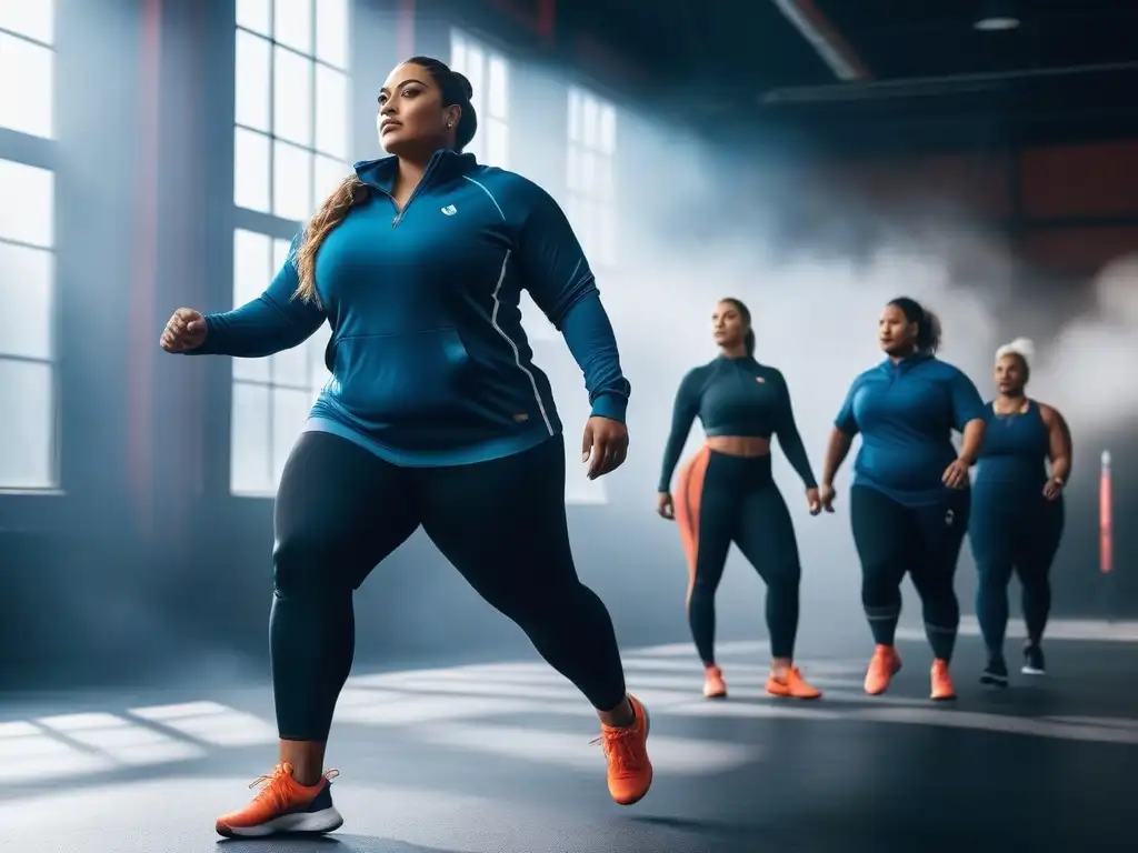 Atletas plussize empoderadas en un gimnasio inclusivo y vibrante Moda deportiva tallas grandes inclusiva: Atletas plussize confiadas en actividades deportivas diversas en un gimnasio inclusivo y vibrante