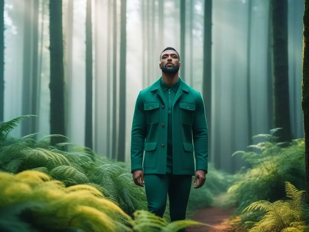 Influencer de moda en bosque: outfits eco-friendly Influencer de moda ecoconsciente en un bosque verde, vistiendo un outfit sostenible y moderno