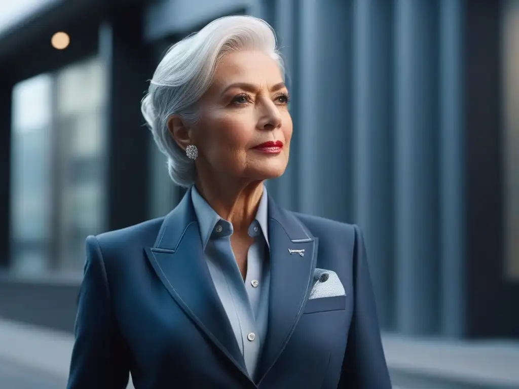 Estilo atemporal: mujer senior elegante en urbano moderno Moda senior estilos perduran: Mujer elegante con traje sastre en entorno urbano moderno, fusionando clasicismo y modernidad