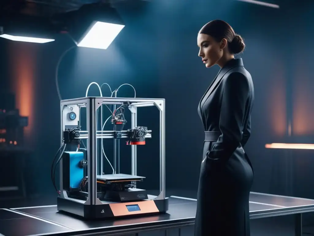 Innovación 3D: Impresora creando moda vanguardista Producción de moda con impresión 3D: Estudio futurista con impresora creando prendas vanguardistas