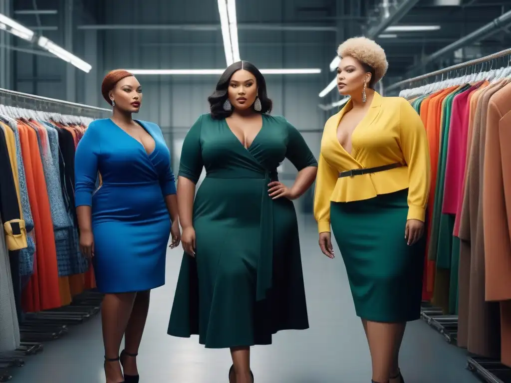 Modelos de tallas grandes empoderadas en fábrica de moda ética Moda ética y empoderamiento en fábrica moderna: tallas grandes interactúan con prendas coloridas