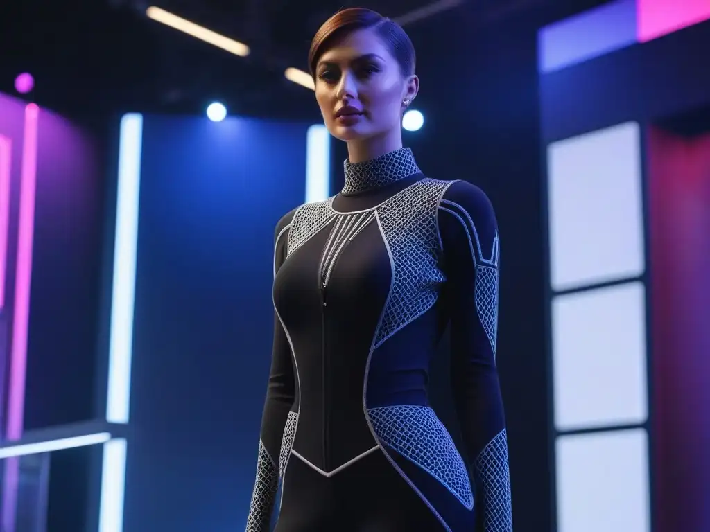 Alta moda futurista: Innovación y estilo en prendas 3D Transformación de la moda tall con tecnología 3D: maniquí futurista viste prenda personalizada y detallada en estudio de diseño avanzado