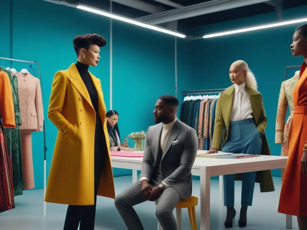 Diseñadores de moda innovadores creando en un estudio vibrante y diverso Moda sin género: Diseñadores líderes debaten y diseñan con pasión en un estudio moderno y colorido, repleto de telas y piezas vanguardistas