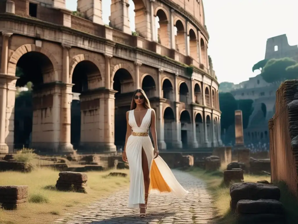 Modelo en Roma: fusión de moda antigua y contemporánea en 8k Moda fusionando historia y estilo en Roma