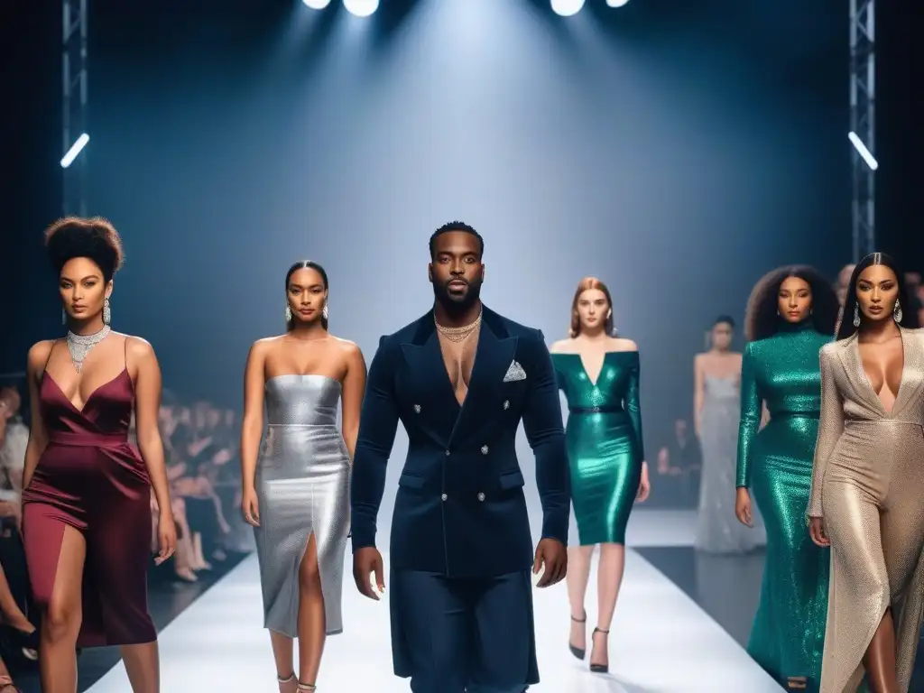 Desfile de moda inclusivo: modelos seguros y poderosos en pasarela Moda inclusiva para todos los cuerpos: Desfile de modelos diversos exhibiendo confianza y empoderamiento en una pasarela moderna y brillante
