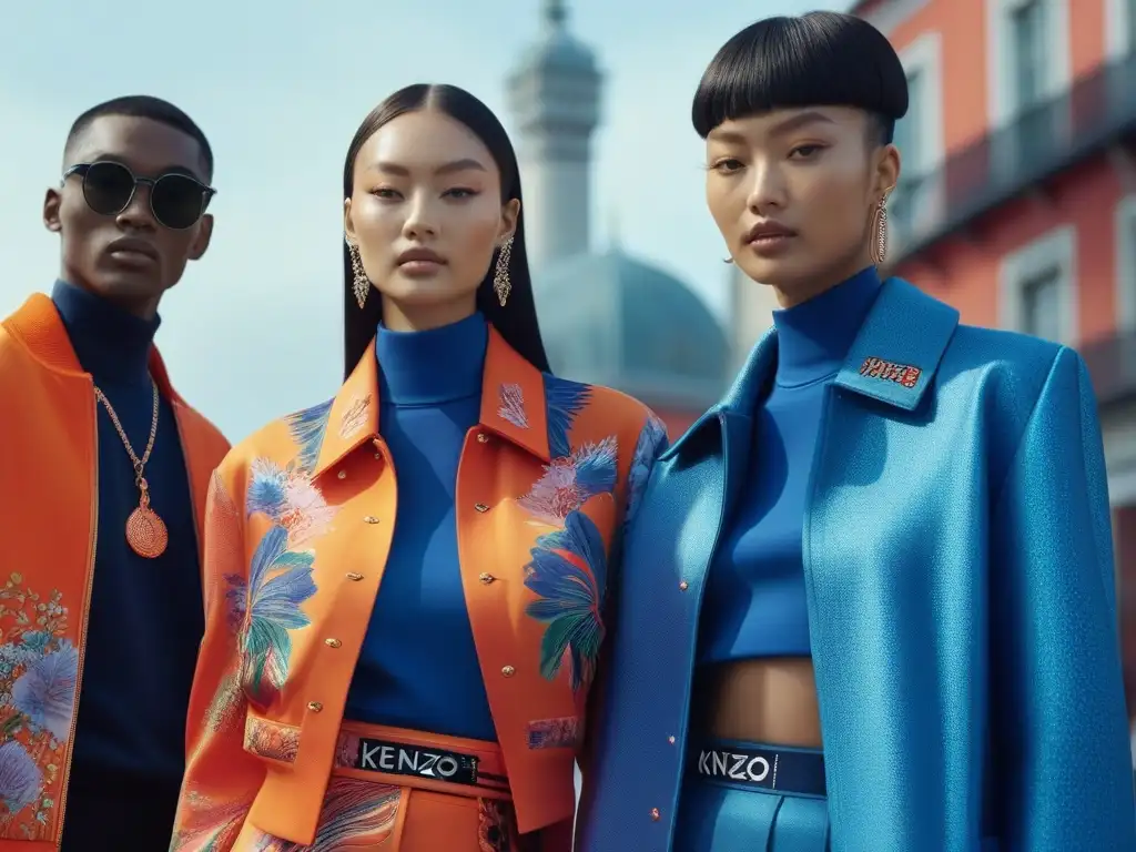Moda inclusiva y estilo urbano: la diversidad sonriente de Kenzo Moda inclusiva para todos los cuerpos: Grupo diverso con atuendos Kenzo en una ciudad vibrante