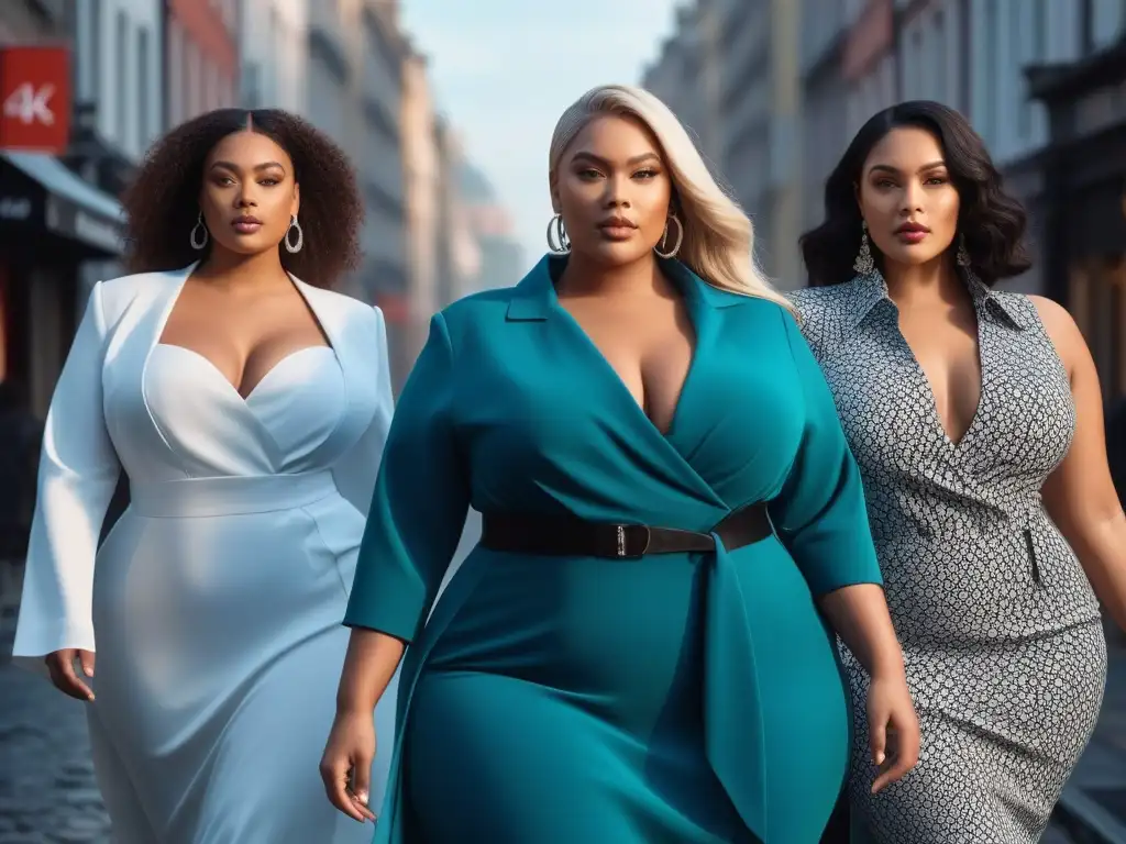 Desfile de moda plussize: empoderamiento y diversidad Moda inclusiva para todos los cuerpos: Grupo diverso de modelos plus size luciendo outfits elegantes y trendy en la ciudad
