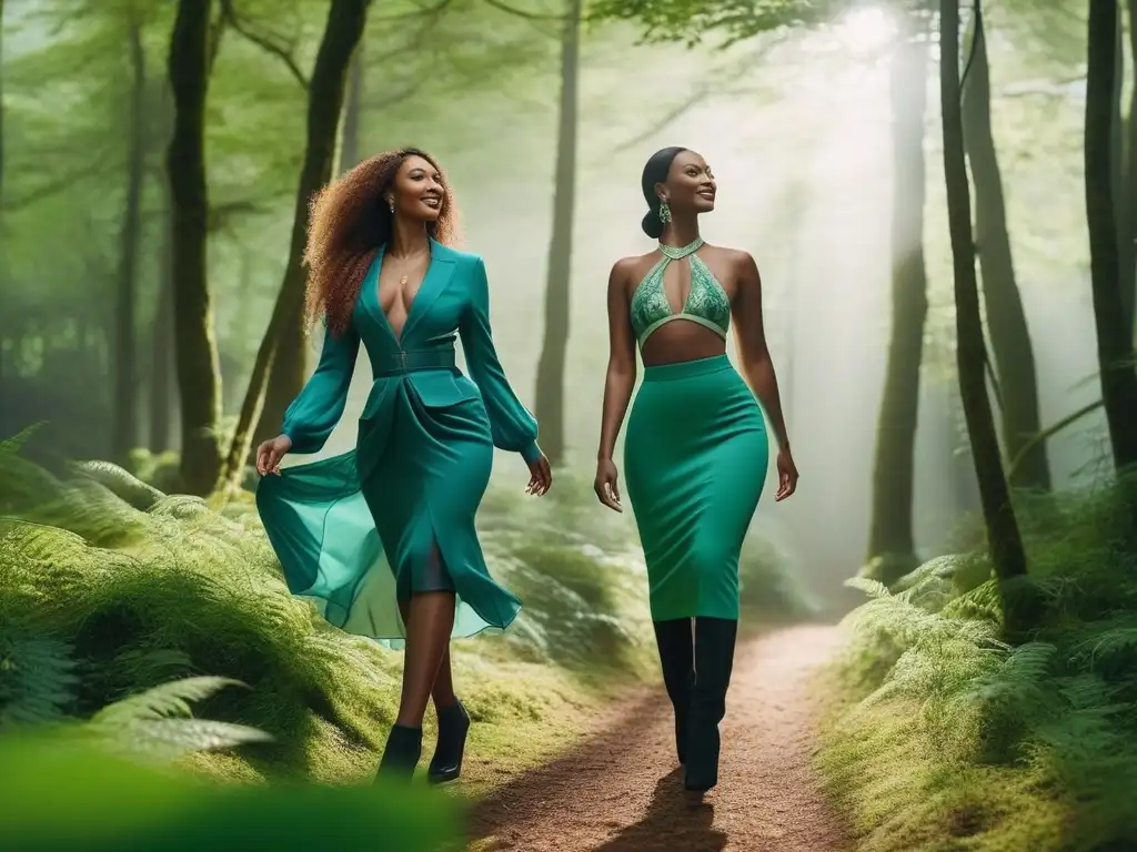 Paseo inclusivo: moda sostenible en el bosque Moda inclusiva para todos los cuerpos: Grupo diverso camina alegre en el bosque, vistiendo prendas sostenibles y estilosas