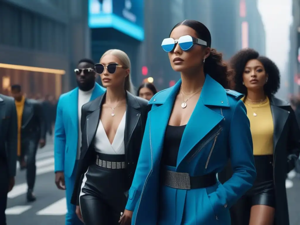 Moda tecnológica: Empoderamiento y diversidad en la ciudad del futuro Moda inclusiva para todos cuerpos: Personas empoderadas luciendo tecnología wearable en outfits únicos frente a una ciudad futurista