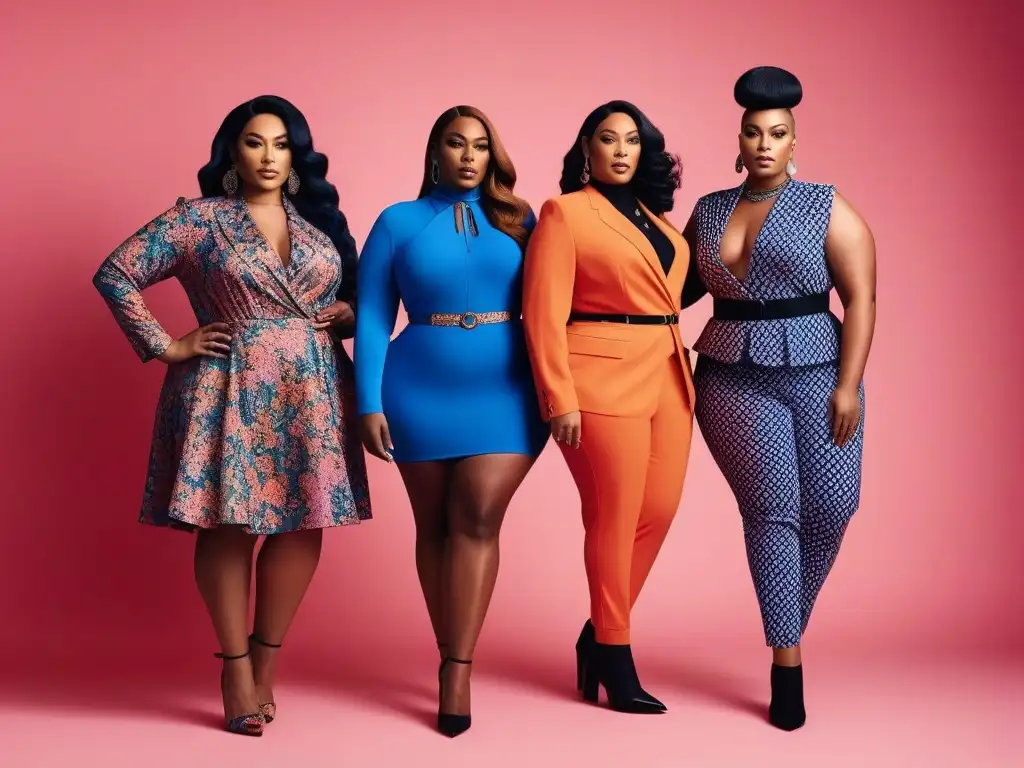 Moda inclusiva: Transgénero con estilo en tallas grandes Moda inclusiva para cuerpos transgénero: Grupo diverso de personas transgénero seguras y con estilo luciendo ropa de talla grande