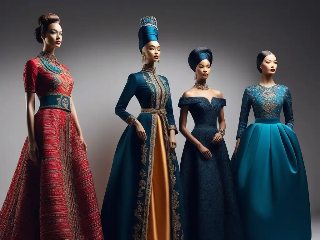 Exhibición de moda global: maniquíes en diversidad cultural Maniquíes exhiben moda inclusiva de diversas culturas en museo moderno