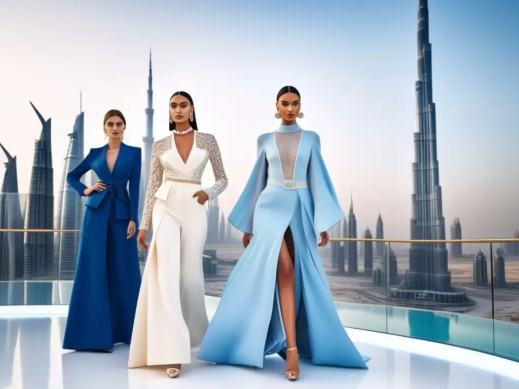 Diseño inclusivo: modelos con discapacidad desfilan en Dubai Moda inclusiva en Dubái: modelos con discapacidad desfilan con estilo en una pasarela futurista con el skyline al atardecer