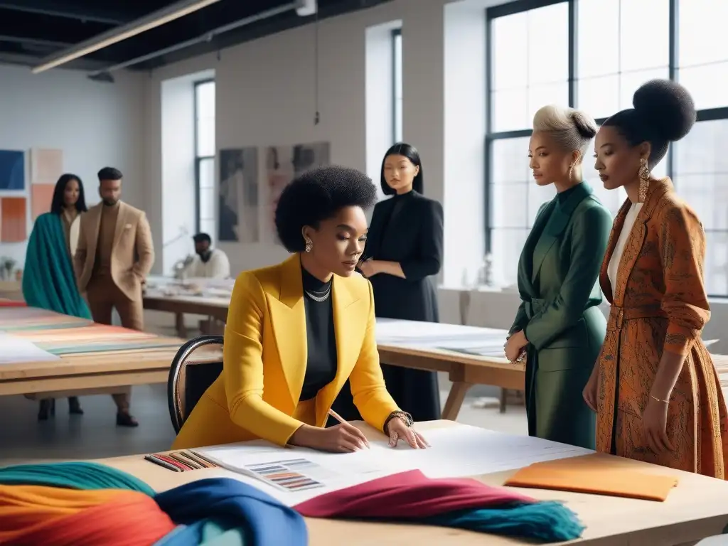 Diseñadores de moda creativos en estudio luminoso Innovación en moda inclusiva: Diseñadores diversos trabajando juntos en un estudio luminoso y creativo