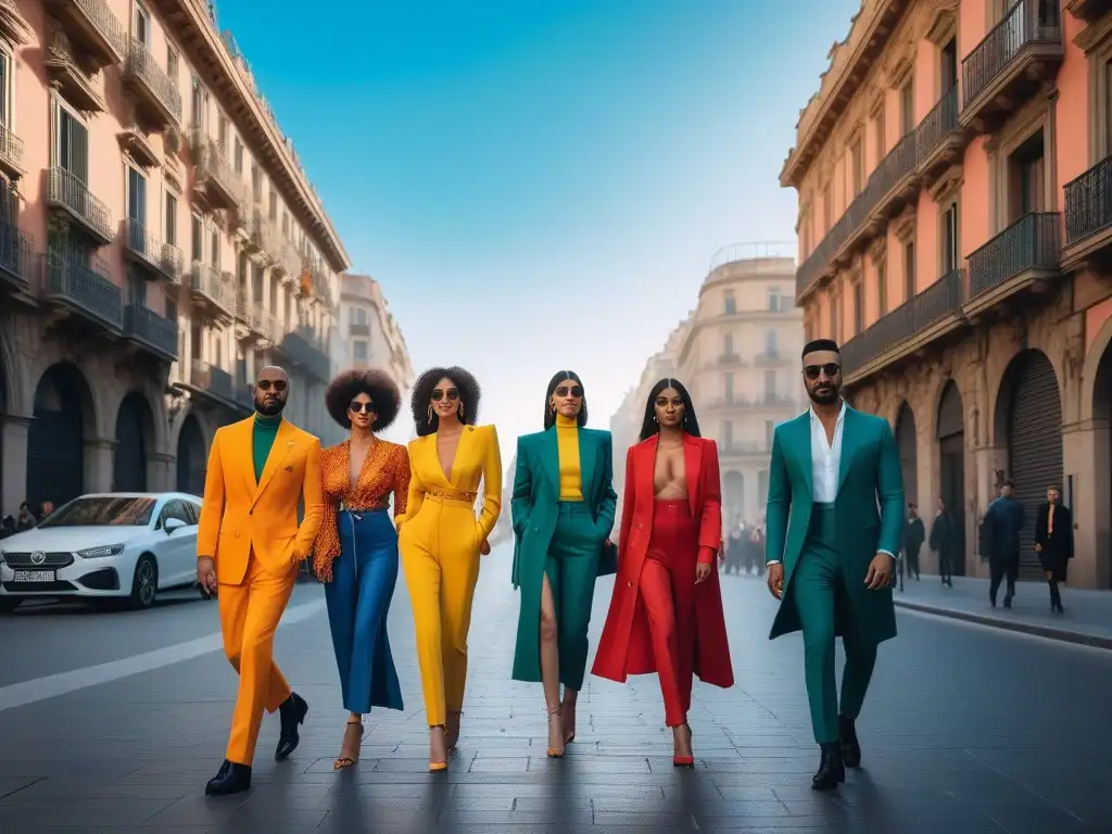 Moda inclusiva en Barcelona: Grupo diverso de influencers de moda posando con confianza en las calles vibrantes