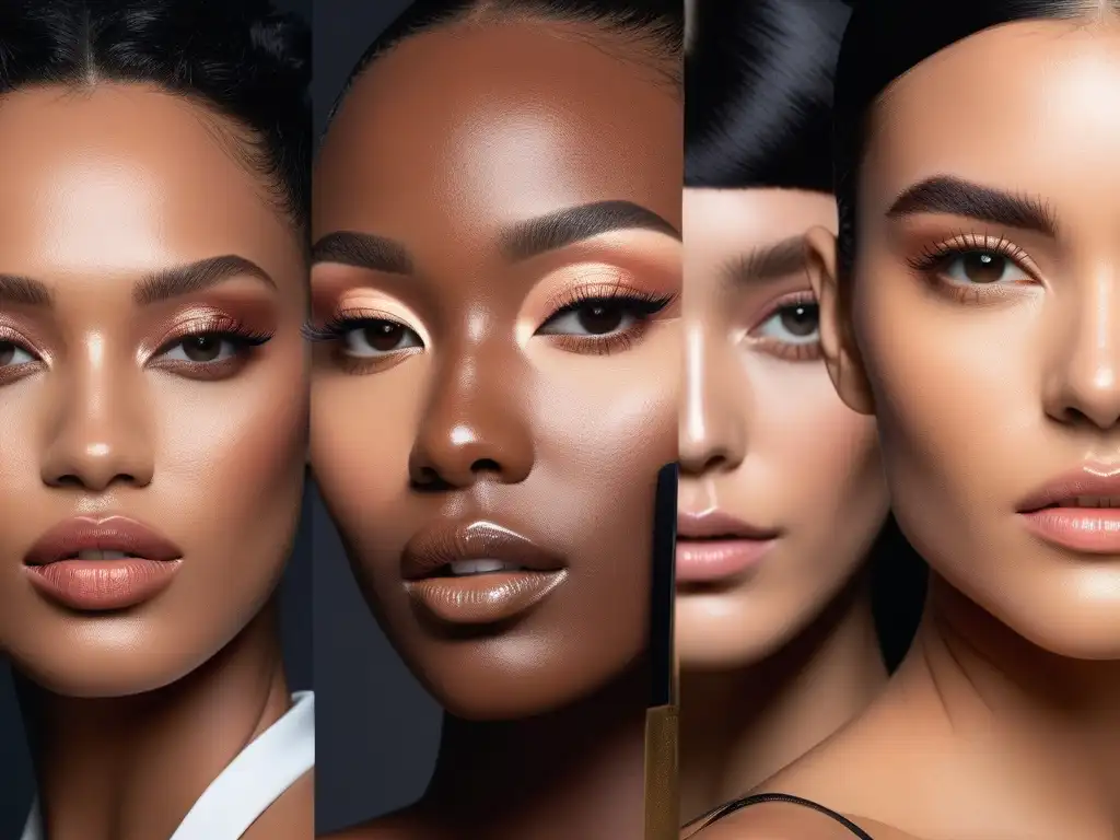 Maquillaje Fenty Beauty: Diversidad y Empoderamiento Moda inclusiva Fenty Beauty transformación: Grupo diverso con maquillaje Fenty Beauty, irradiando confianza y empoderamiento