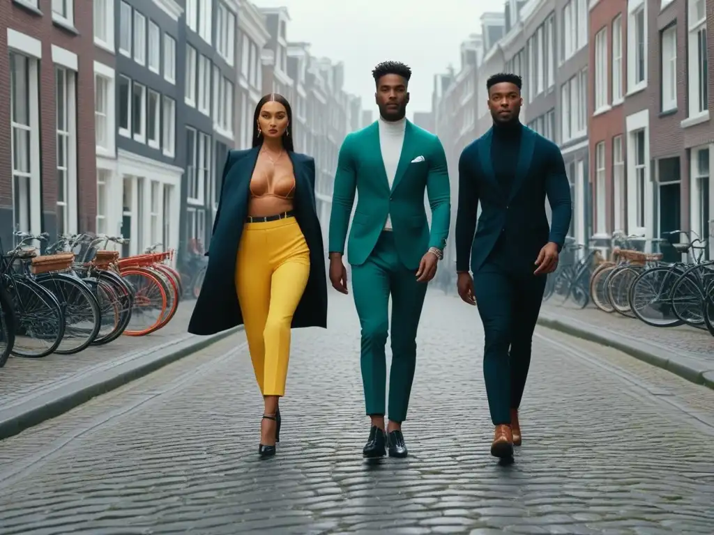 Diversidad y moda inclusiva en las calles de Ámsterdam Moda inclusiva en Ámsterdam: Grupo diverso de modelos caminando con confianza por las calles vibrantes de la ciudad