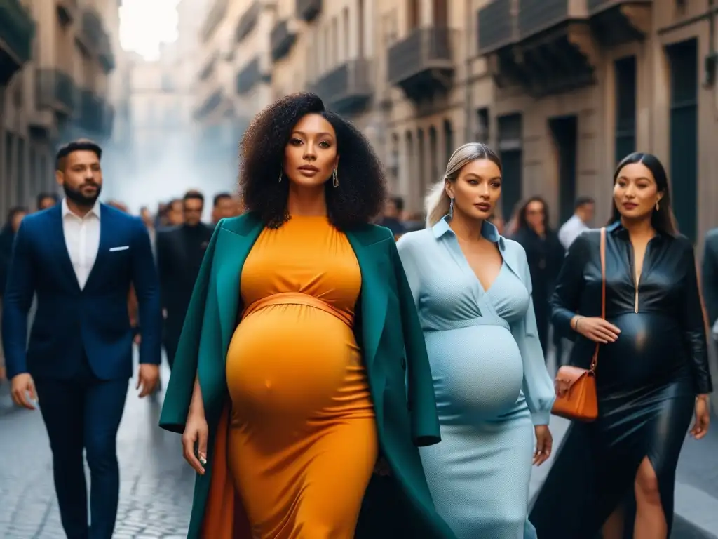 Moda inclusiva en Barcelona: Grupo diverso de mujeres embarazadas, elegantes y seguras, paseando por las calles, admiradas por su estilo