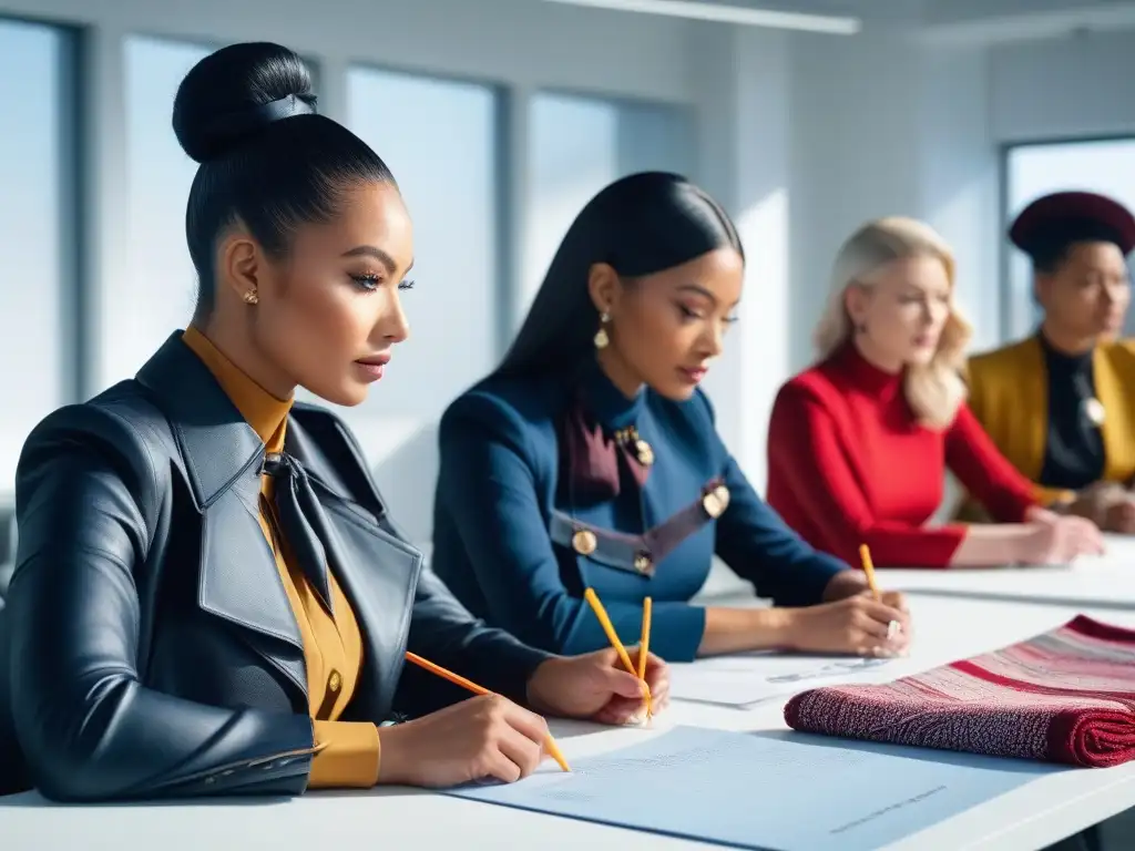 Diversidad y estilo en aula de moda: inspiración creativa Moda inclusiva: estudiantes de moda con estilos únicos en aula iluminada por el sol, rodeados de bocetos y telas