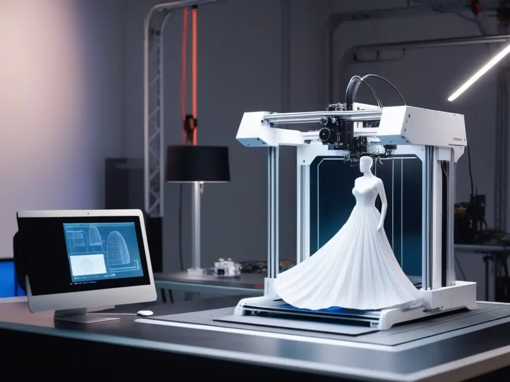 Futuro de la moda: Impresión 3D de alta costura Impresión 3D en moda inclusiva: Futuro estudio de diseño con tecnología vanguardista y equipo diverso creando un vestido de alta costura