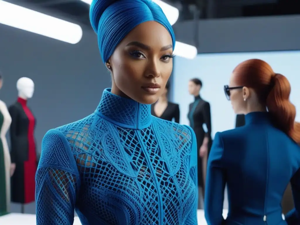 Diseñadores de moda innovadores crean en estudio futurista 3D Moda inclusiva e impresión 3D: Grupo diverso de diseñadores de moda creando en un estudio futurista