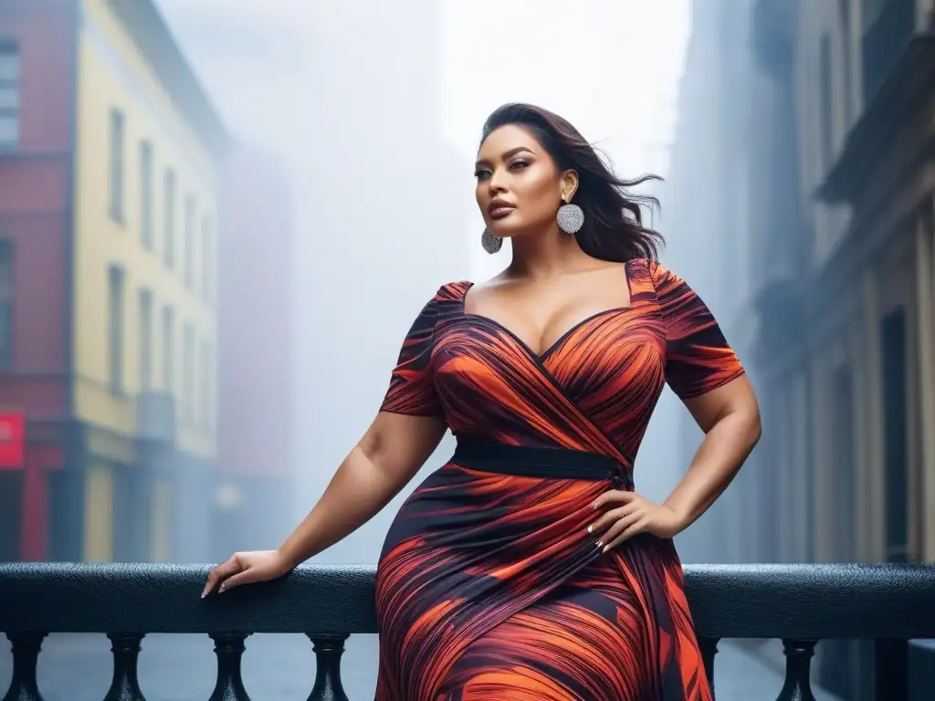 Modelo plussize empoderada en vestido vibrante frente a la ciudad Moda inclusiva: modelo tallas grandes con vestido vibrante en ciudad, radiando empoderamiento y estilo