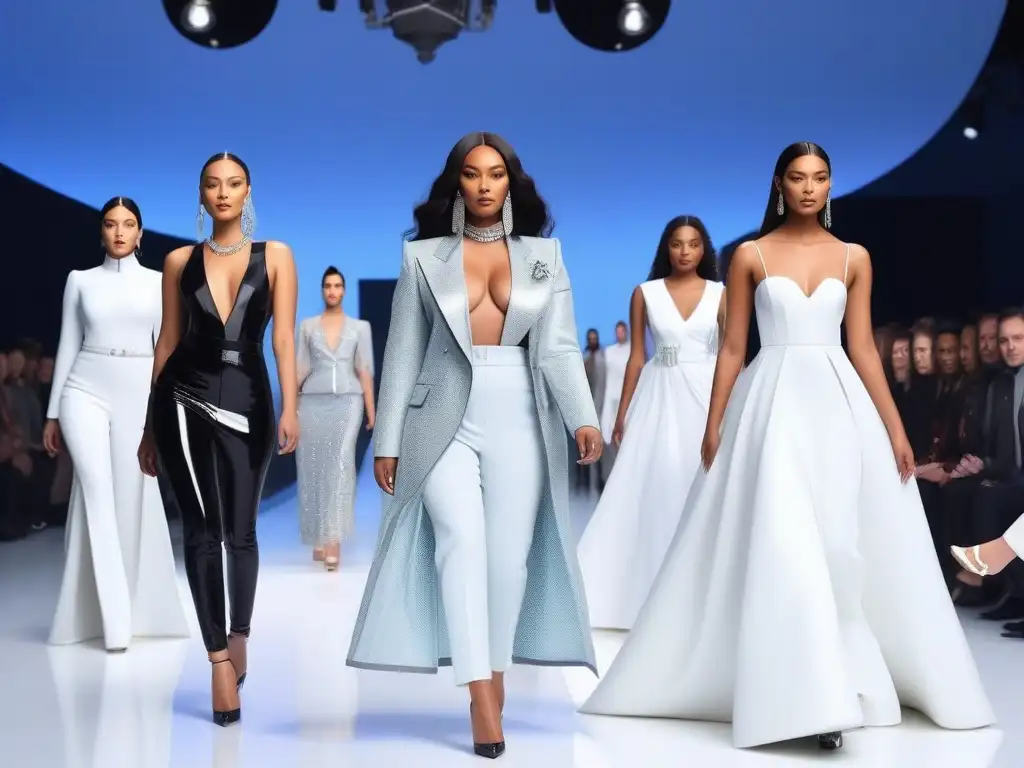 Diversidad y estilo en la pasarela del futuro Revolución de la moda inclusiva: modelos diversos desfilan con confianza en una pasarela de alta costura, celebrando la individualidad y la diversidad