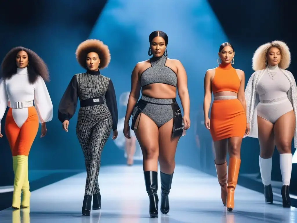 Desfile inclusivo de moda: diversidad en 8k Revolución de moda inclusiva: modelos diversos desfilan con confianza en una pasarela futurista con diseños vanguardistas y mensajes de inclusión