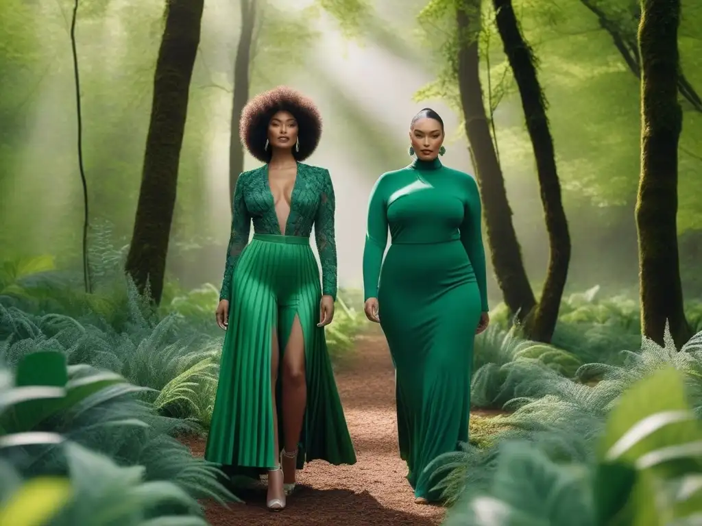 Moda inclusiva y sostenible: diversidad en el bosque Colección de moda inclusiva en el bosque: modelos de diferentes tallas lucen piezas sostenibles