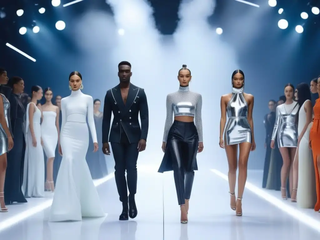 Desfile virtual inclusivo y vanguardista con modelos diversos Moda inclusiva en pasarelas virtuales: Grupo diverso desfila con confianza en una pasarela virtual futurista con diseños lujosos y modernos